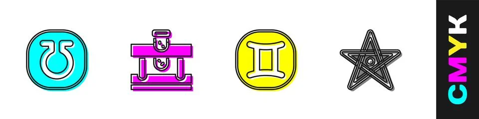 Set Life, Bottle with potion, Gemini zodiac and Pentagram icon. Vector Stock Illustration