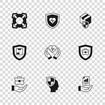 Set Life insurance with shield, Briefcase, Contract hand, Delivery security.. Stock Illustration