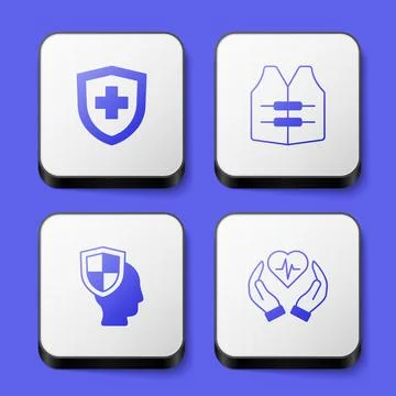 Set Life insurance with shield, jacket, and icon. White square button. Vector Stock Illustration
