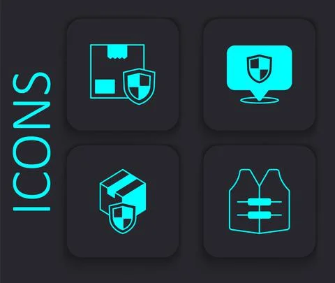 Set Life jacket, Delivery security with shield, Location and icon. Black square Stock Illustration