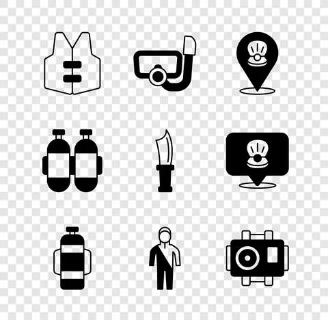 Set Life jacket, Diving mask with snorkel, Scallop sea shell, Aqualung, Wetsuit Stock Illustration