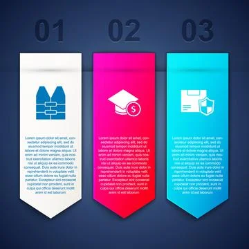 Set Life jacket, Graduation cap and coin and Delivery security with shield. B Stock Illustration