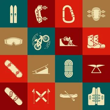 Set Life jacket, Hang glider, Boots, Carabiner, Bicycle trick, Ski goggles,.. Illustrazione stock
