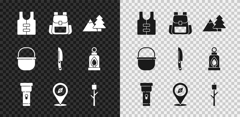 Set Life jacket, Hiking backpack, Mountains with tree, Flashlight, Compass Illustrazione stock