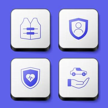 Set Life jacket, insurance with shield, and Car icon. White square button Stockillustratie