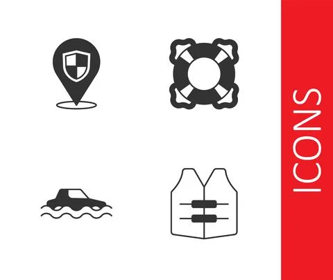 Set Life jacket, Location shield, Flood car and Lifebuoy icon. Vector 스톡 일러스트