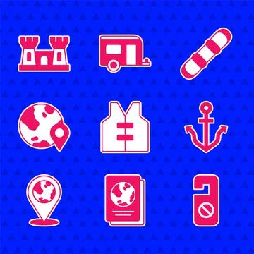 Set Life jacket, Passport, Please do not disturb, Anchor, Location on the globe Stock Illustration