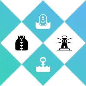 Set Life jacket, Periscope, Location with anchor and Lighthouse icon. Vector Illustrazione stock