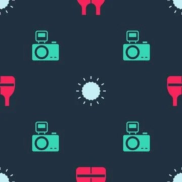 Set Life jacket, Sun and Photo camera with flash on seamless pattern. Vector Stock Illustration