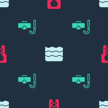 Set Life jacket, Wave and Diving mask and snorkel on seamless pattern. Vector Stock Illustration