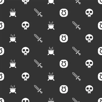 Set Life, Skull, Witch cauldron and Medieval sword on seamless pattern. Vecto Stock Illustration