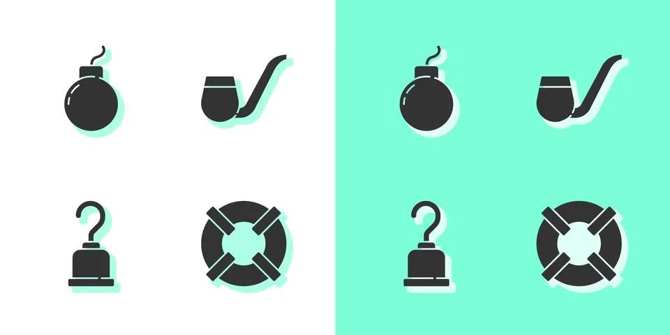 Set Lifebuoy, Bomb ready to explode, Pirate hook and Smoking pipe icon. Vector Stock Illustration
