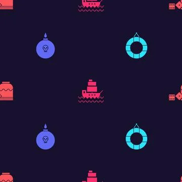 Set Lifebuoy, Bomb ready to explode, Ship and Pirate game dice on seamless イラスト素材