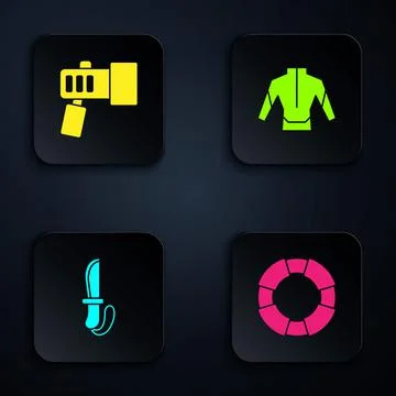 Set Lifebuoy, Flashlight, Knife and Wetsuit. Black square button. Vector Illustrazione stock