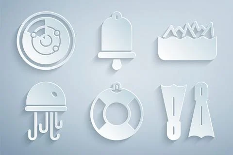 Set Lifebuoy, Sharp stone reefs, Jellyfish, Flippers for swimming, Ship bell and Stock Illustration