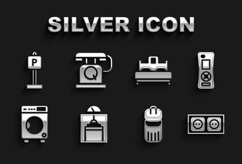 Set Lift, Remote control, Electrical outlet, Trash can, Washer, Bedroom, Parking Ilustración de archivo
