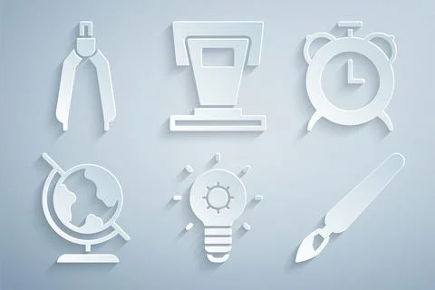 Set Light bulb, Alarm clock, Earth globe, Paint brush, Stage stand and Draw.. Stock Illustration