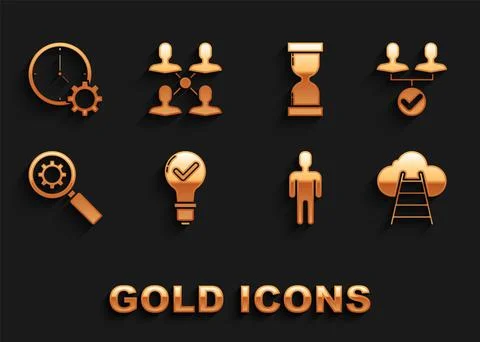 Set Light bulb and check mark, Project team base, Ladder leading to cloud, User Illustrazione stock