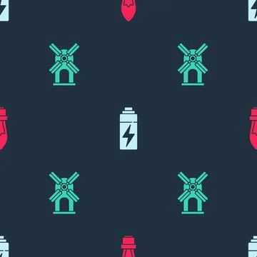 Set Light bulb, Battery and Wind turbine on seamless pattern. Vector Stock Illustration
