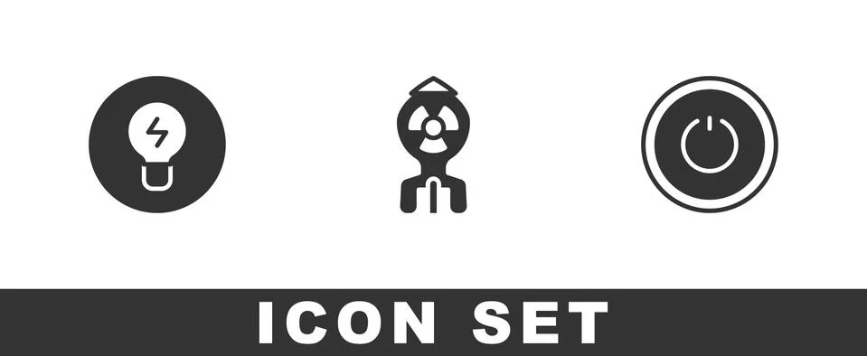 Set Light bulb with concept of idea, Nuclear bomb and Power button icon. Vector Illustrazione stock