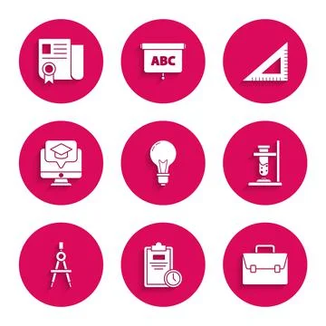 Set Light bulb with concept of idea, Exam sheet clock, Briefcase, Glass test Illustrazione stock