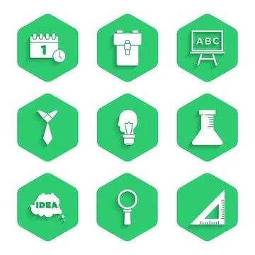 Set Light bulb with concept of idea, Magnifying glass, Triangular ruler, Test Stock Illustration