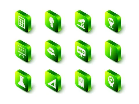 Set Light bulb with concept of idea, Microscope, Alphabet, Pen, Head gear inside 스톡 일러스트