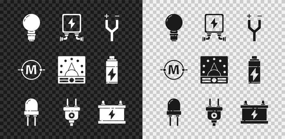Set Light bulb with concept of idea, Electric transformer, cable, emitting diode Stock Illustration