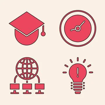 Set Light bulb with concept of idea, Graduation cap on globe, Clock and Computer Stock Illustration