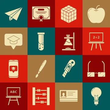 Set Light bulb with concept of idea, Glasses, Chalkboard, Rubik cube, Test tube Stock Illustration
