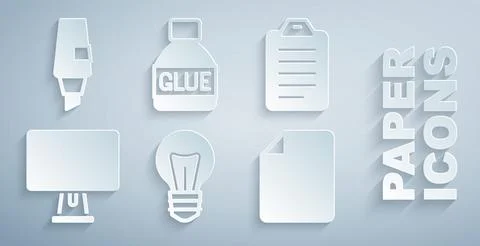 Set Light bulb, To do list or planning, Computer monitor, File document, Glue Stock Illustration