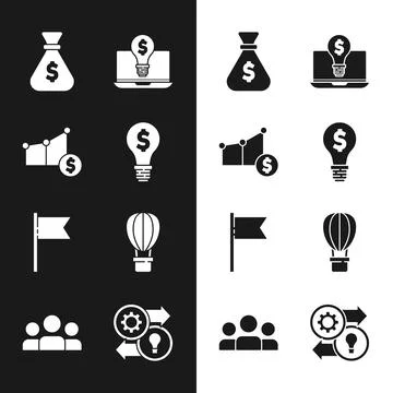 Set Light bulb with dollar, Pie chart and, Money bag, laptop, Location mark.. Stock Illustration