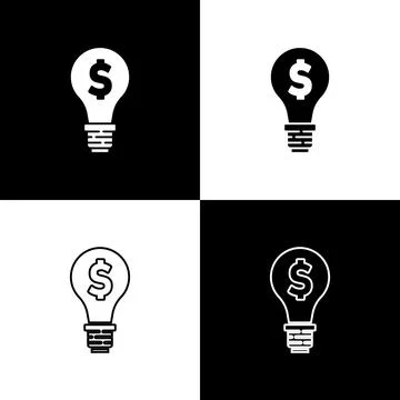 Set Light bulb with dollar symbol icon isolated on black and white background Stock Illustration