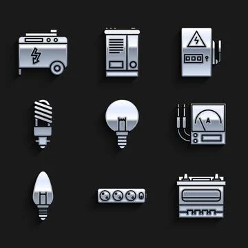 Set Light bulb, Electric extension cord, Car battery, Ampere meter, multimeter Stock Illustration