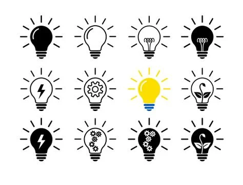 Set Of Light Bulb Flat Icons, Linear And Black. Collection Of Electric Lamps. Stock Illustration