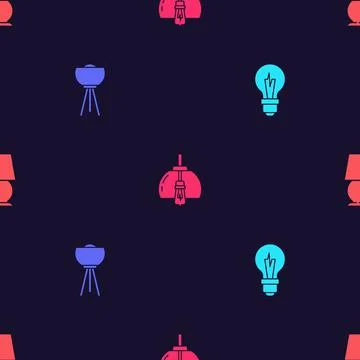 Set Light bulb, Floor lamp, Chandelier and Table on seamless pattern. Vector Stockillustratie