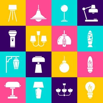 Set Light bulb, Floor lamp, Chandelier, Flashlight, and icon. Vector Stock Illustration