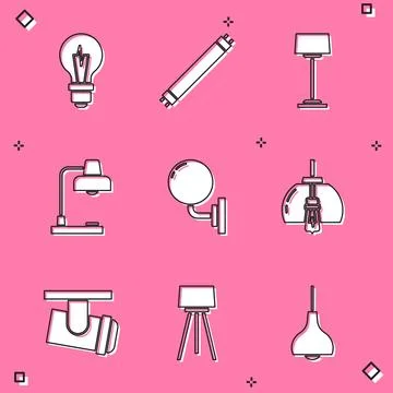Set Light bulb, Fluorescent lamp, Floor, Table, Wall sconce, Chandelier, Led Stock Illustration
