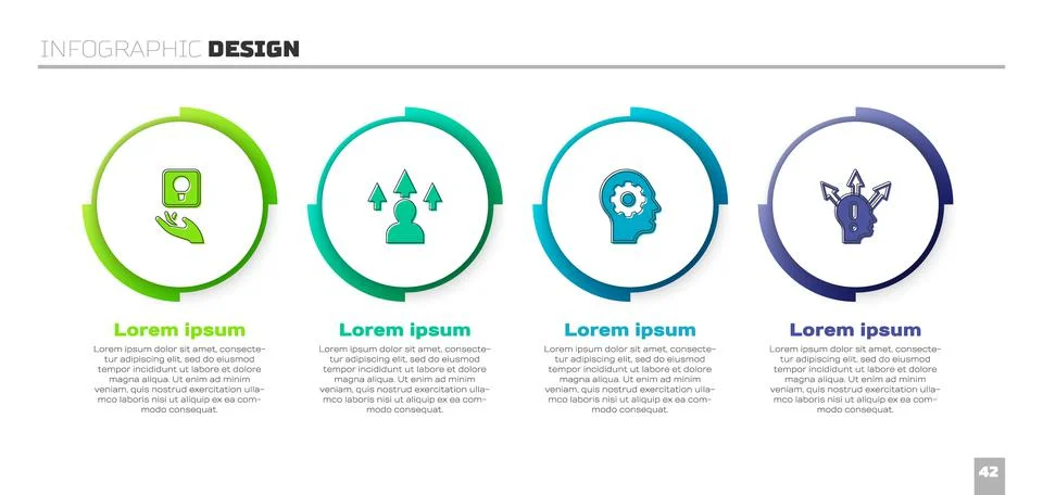 Set Light bulb, Front end development, Human head with gear inside and Project Ilustración de archivo