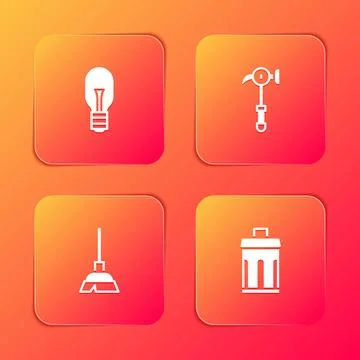 Set Light bulb, Hammer, Handle broom and Trash can icon. Vector Ilustración de archivo