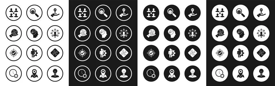 Set Light bulb in hand Human head with lamp Piece of puzzle Project team base Stock Illustration