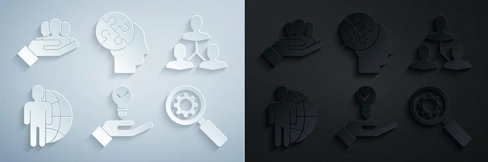 Set Light bulb in hand Project team base Globe people Magnifying glass gear H Stock Illustration