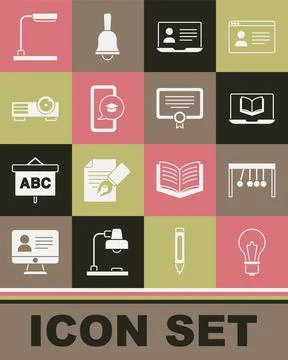 Set Light bulb with idea, Pendulum, Online class, Graduation cap on mobile Illustrazione stock