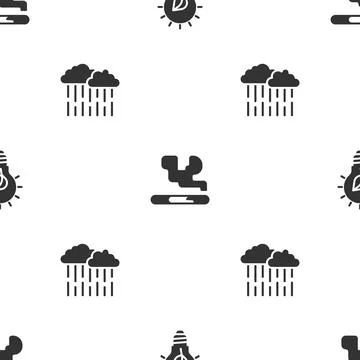 Set Light bulb with leaf, Cigarette and Cloud rain on seamless pattern. Vector Illustrazione stock