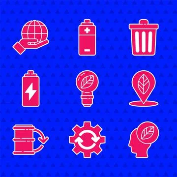 Set Light bulb with leaf, Gear and arrows as workflow, Human head inside Stock Illustration