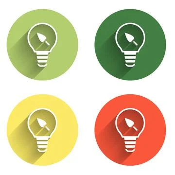 Set Light bulb with leaf icon isolated with long shadow background. Eco ene.. Stock Illustration