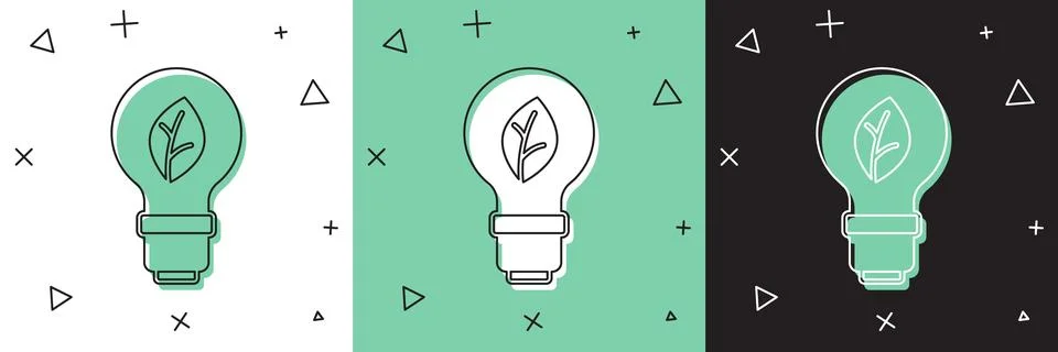 Set Light bulb with leaf icon isolated on white and green, black background.. Stock Illustration