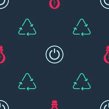 Set Light bulb with leaf, Power button and Recycle symbol on seamless pattern Illustrazione stock