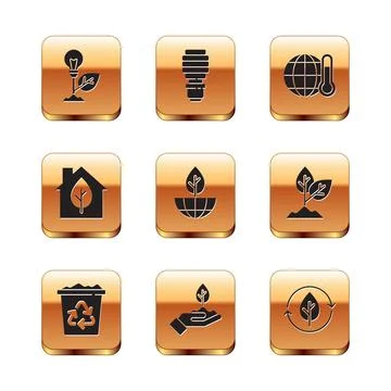 Set Light bulb with leaf, Recycle bin recycle, Plant hand, Earth globe plant Ilustración de archivo