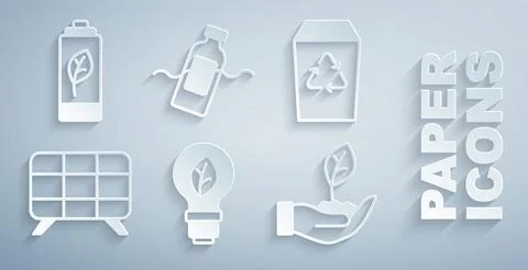 Set Light bulb with leaf, Recycle bin, Solar energy panel, Plant hand, The .. Stock Illustration